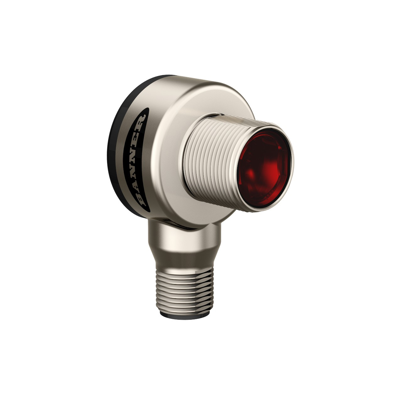 Banner Engineering Photoelectric Sensor; Fixed-Field Background Suppression; 18mm Barrel - Right Angle; 25mm Cutoff Range; 10-30VDC; PNP; LO/DO Configurable; M12 QD